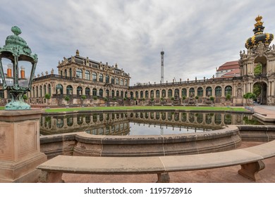 Dresden - View To China Pavilion And Crown Gate At Zwinger Palace, Reflected In The Fountain Pool, Saxony, Germany, Dresden, 01.10.2018