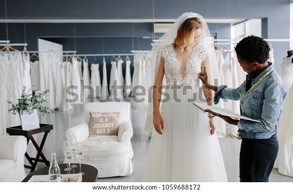 Dress Designer Fitting Bridal Gown Woman Stock Photo Edit Now
