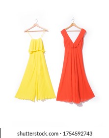 Dress With Red And Yellow Close-up On A White Background. Women's Clothing.


