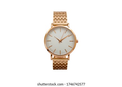Dress wristwatch with gold metal engineer bracelet and white dial face isolated on white background. - Shutterstock ID 1746742577