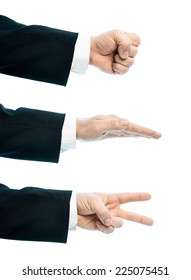 Dressed In A Business Suit Caucasian Male Hand Composition, Set Of Rock, Paper, Scissors Gestures, High-key Light Composition Isolated Over The White Background