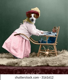 Dressed-up Dog With Doll - Circa 1909 Vintage Hand-tinted Photo