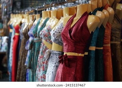 Women’s dresses and two piece clothing on display in koh samui island shop in Thailand, Southeast Asia