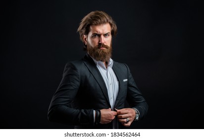 Dressing For Meet. Formal Fashion Model. Handsome Man On Gray Background. Serious Bearded Businessman. Stylish Mature Man Looking Modern. Mens Office Wardrobe. Fashionable Man Dressed In Suit.