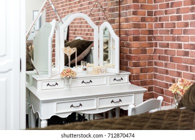 Dressing Table In The Boudoir. Details Of Woman Bedroom Interior.