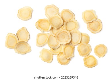 Dried American ginseng slices isolated on white background, top view