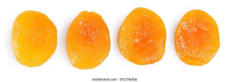 Dried apricots isolated on white background with clipping path and full depth of field. Top view. Flat lay. Set or collection