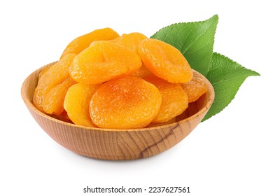 Dried apricots in wooden bowl isolated on white background and full depth of field. - Shutterstock ID 2237627561