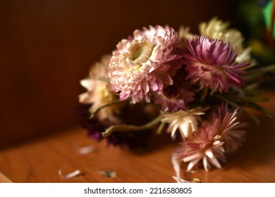 Dried Aster Flowers On The Table. Beautiful Still Life Of Dried Colored Flowers.  Natural Beauty. Dry Flower. 