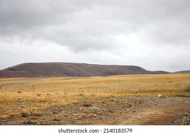 Dried autumn steppe with a range of hills under thunderclouds. Kurai steppe, Altai, Siberia, Russia.