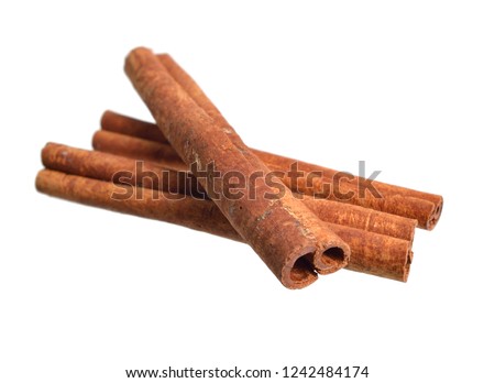 Dried bark of Cinnamomum cassia, called Chinese cassia or Chinese cinnamon. Isolated on white background.
