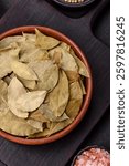 Dried bay leaves, spice, seasoning for cooking at home. Delicious healthy food