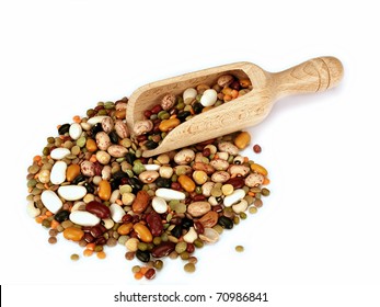 Dried beans and lentils with wooden scoop