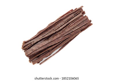 Dried Beef Meat Sliced On Stick, Beer Snack Isolated On White Background