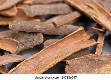 Dried Cassia Bark On Gray Table Background - Shallow Depth Of Field