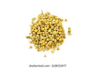Dried Chamomile buds on white background stock images. Organic Chamomile Flower Tea. Turkish Daisy Chamomile Flower. Chamomile powder. Natural Herbal Tea.