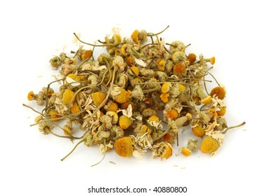 Dried chamomile tea isolated on white background