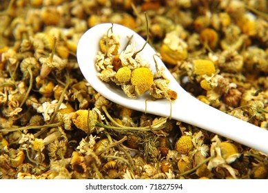 Dried Chamomile With White Spoon