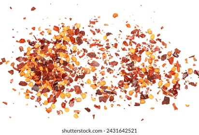 Dried chili flakes and seeds isolated on white background, top view. Red pepper isolated on a white background, top view. Red pepper pieces isolated on white background, top view. - Powered by Shutterstock