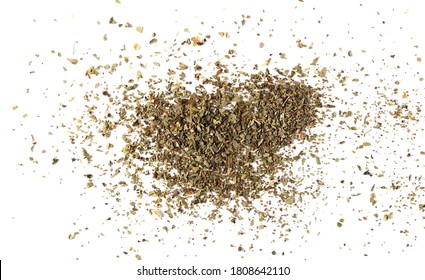 Dried And Chopped Up Basil Spice Pile Isolated On White Background, Top View