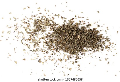 Dried And Chopped Basil Spice Pile Isolated On White Background, Top View