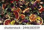 Dried Citrus Fruit Slices Mixed With Flower Petals Variety Assortment Close-Up Aromatic Ingredients