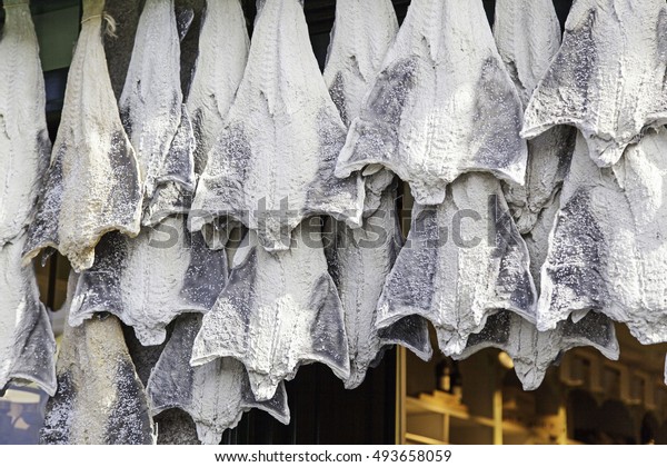 Dried cod in Fish\
shop, food and industry
