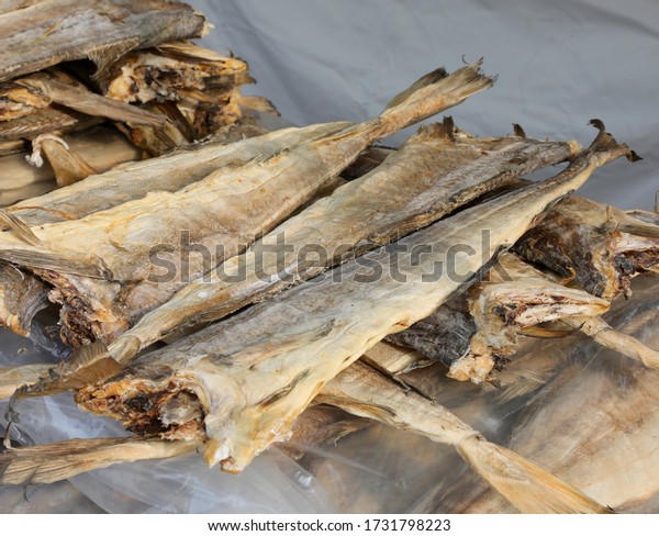 dried\
cod stockfish for sale in the fish market in\
europe