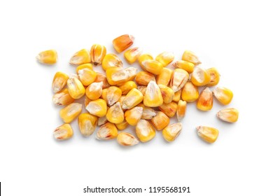 Dried Corn Kernels On White Background, Top View