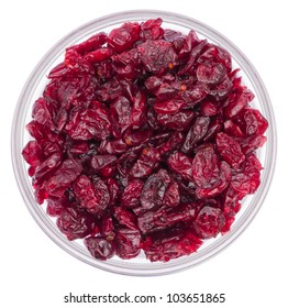 Dried Cranberries In Glass Bowl Isolated On White