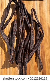 Dried And Cured Meat Sausage. A Traditional South African Food Snack Also Known As Droewors.