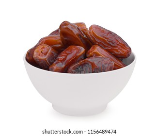 dried date fruits in the white bowl isolated on white background