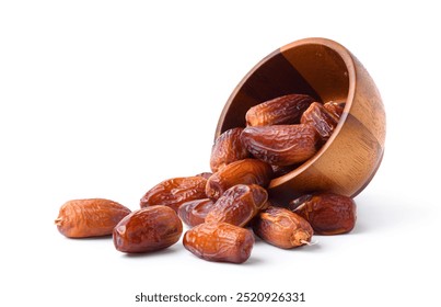 Dried dates fruits with white bowl isolated on white background.