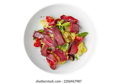 Dried Dry Age Meat With Vegetables. Balanced, Nutritious, Tasty And Nutritious Food. Ready-made Menu For A Restaurant Or For Delivery. Dish In A White Plate Isolated On A White Background.