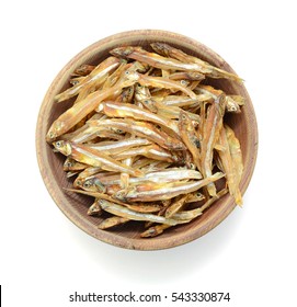 Dried Engraulidae Fish In Wooden Bowls Isolated On White Background