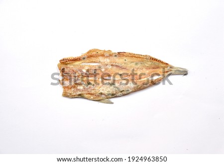 The dried fish have a mold and bacteria isolated on white background.  It is food that can cause illness.  Abdominal pain when eating