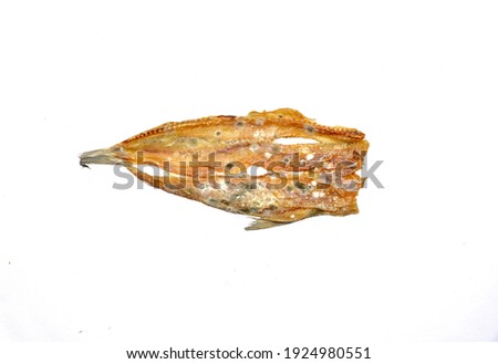 The dried fish have a mold and bacteria isolated on white background.  It is food that can cause illness.  Abdominal pain when eating on body 