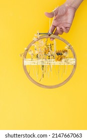 Dried Flower Decoration. DIY Floral Door Wreath From Yellow Dry Summer Flowers.