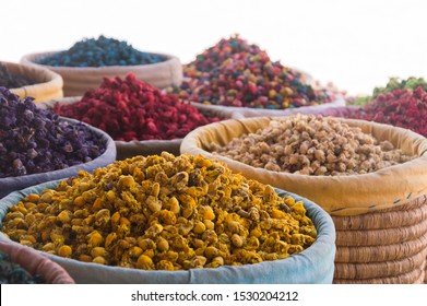 Dried flowers in big baskets on a Moroccan market