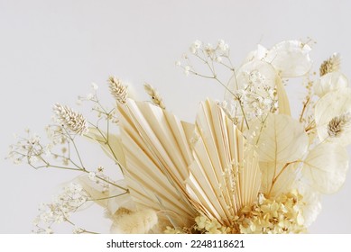 Dried flowers bouquet composition on white background with Copy space.White beige, boho style decor. - Powered by Shutterstock