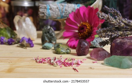 Dried Flowers And Crystal Stones On Meditation Altar Shallow DOF