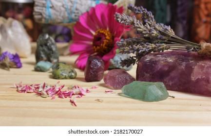 Dried Flowers And Crystal Stones On Meditation Altar Shallow DOF