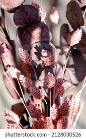 Dried flowers and decorative leaves, shades of pink, close-up. - Shutterstock ID 2128030526