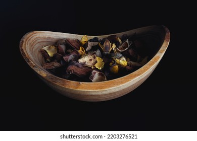 Dried Flowers In A Handmade Wooden Bowl