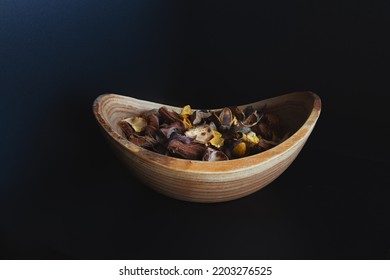 Dried Flowers In A Handmade Wooden Bowl