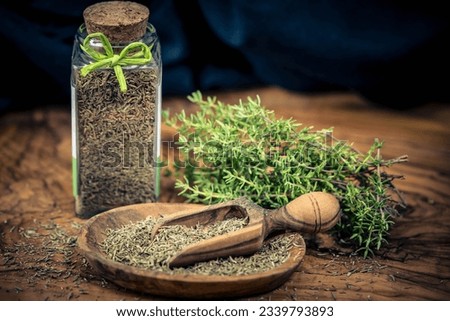 dried and fresh Thymus vulgaris delicious kitchen herbs