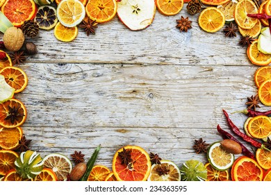 Dried Fruit And Christmas Spices On Wooden Background, Space For Text