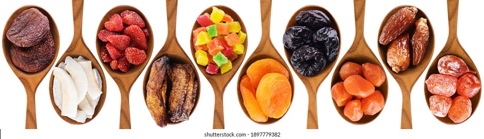 Dried fruits and berries isolated on white background. Wooden spoon with plums, coconut chips, strawberries, bananas, candied fruits, dried apricots, tangerines, dates, kumquat. With clipping path. - Shutterstock ID 1897779382