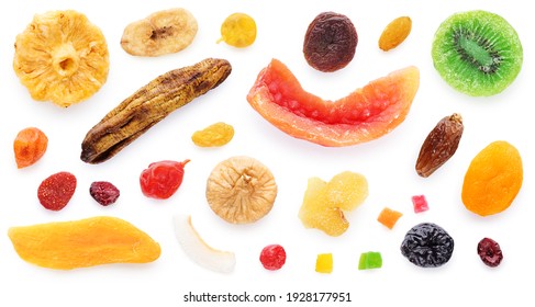 Dried fruits and berries isolated on white background. Lemon, orange, banana, raisin, cranberry, kiwi, cherry, ginger, plum, coconut chips, strawberry, banana, candied fruits, dried apricot, tangerine - Shutterstock ID 1928177951