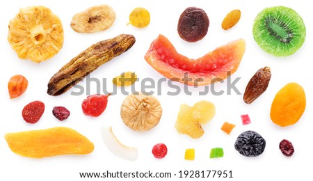 Dried fruits and berries isolated on white background. Lemon, orange, banana, raisin, cranberry, kiwi, cherry, ginger, plum, coconut chips, strawberry, banana, candied fruits, dried apricot, tangerine
